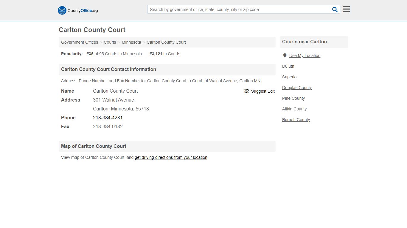 Carlton County Court - Carlton, MN (Address, Phone, and Fax)